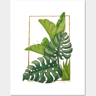 Handpainted Watercolour Monstera Banana Plant Leaves Floral Pattern Posters and Art